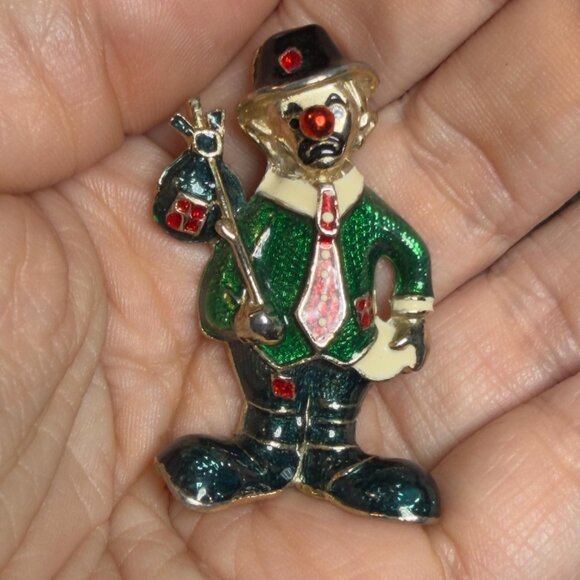 Jewelry - Clown Brooch Vintage Hobo Enamel Rhinestone Pin 2 Inch